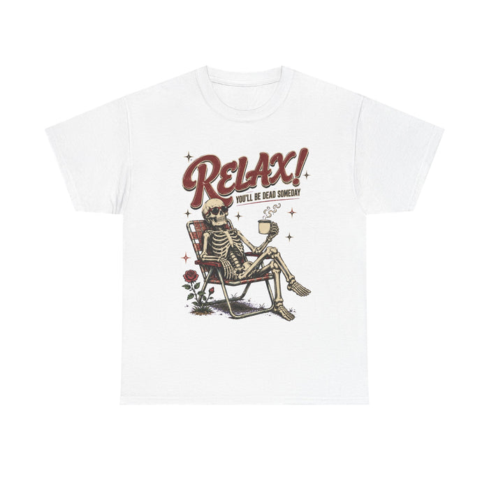 Relax! Skeleton Lounge Tee — Funny Retro Skull Beach Graphic T-Shirt