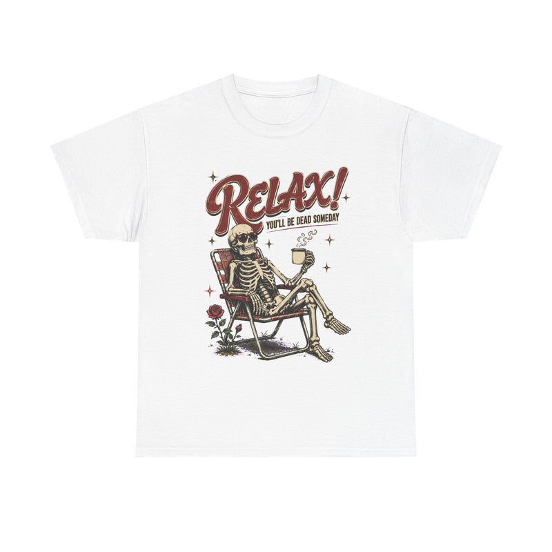 Relax! Skeleton Lounge Tee — Funny Retro Skull Beach Graphic T-Shirt