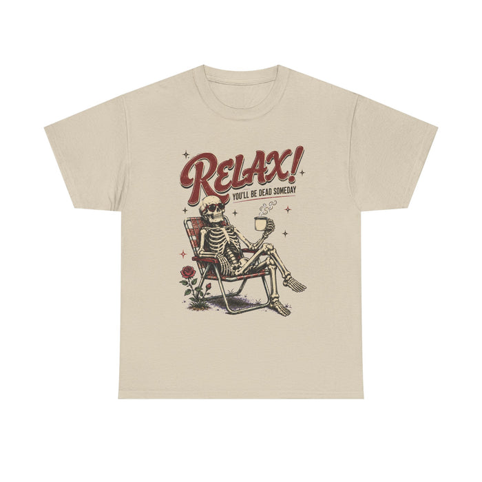 Relax! Skeleton Lounge Tee — Funny Retro Skull Beach Graphic T-Shirt