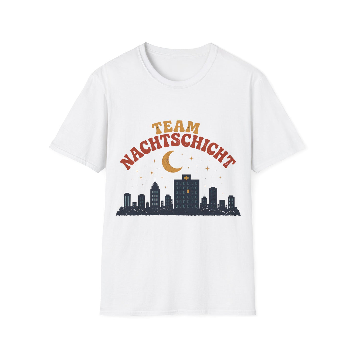 Team Nachtschicht T-Shirt – Retro Mond & Skyline Shirt für Krankenschwestern & Pflegekräfte
